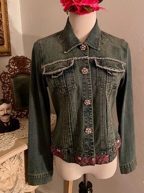 Y2K Just B Denim Jacket ~ Pink Trim and Pink Rhinestone Buttons